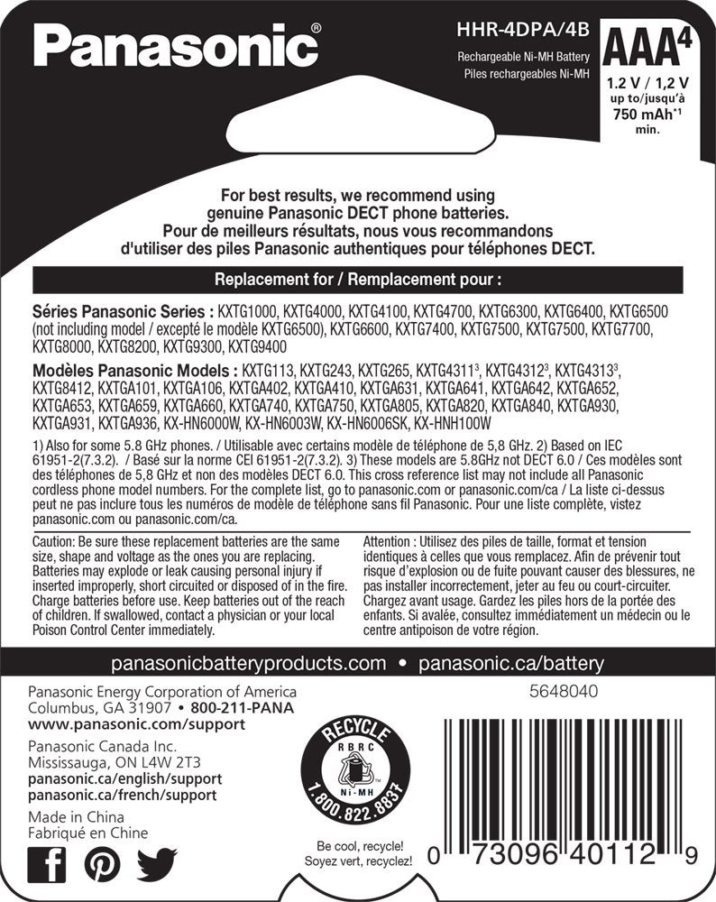 Panasonic Genuine HHR-4DPA/4B AAA NiMH Rechargeable Batteries for DECT Cordless Phones, 4 Pack - Image 2