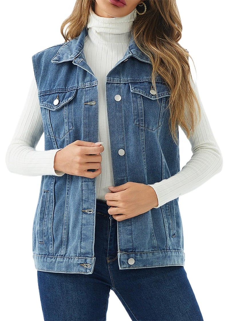 CaniBtr Denim Vest Women Button Down Oversized Long Jean Waistcoat Gilet Vintage Sleeveless Jean Jacket Blue XL - Image 1