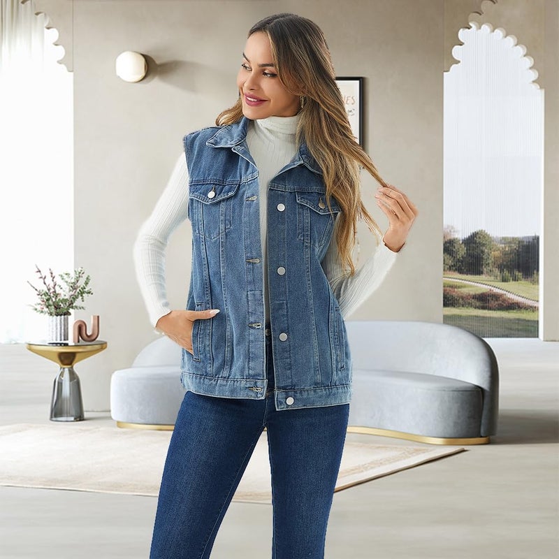 CaniBtr Denim Vest Women Button Down Oversized Long Jean Waistcoat Gilet Vintage Sleeveless Jean Jacket Blue XL - Image 4