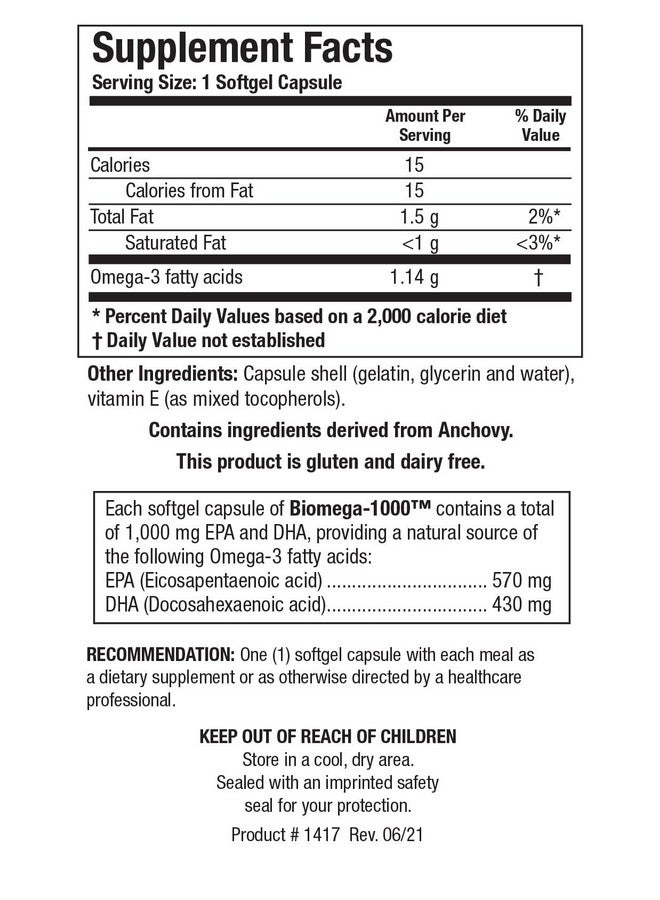 بيوتيكس ريسيرش مكمل زيت السمك Biomega 1000 Omega 3 من Biotics Research، زيت سمك عالي التركيز مع EPA/DHA، أحماض أوميغا 3 الدهنية، يدعم المناعة والقلب والأوعية الدموية، 90 كبسولة هلامية - Image 2