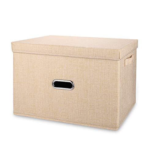 Valease Linen Fabric Collapsible Storage Bins with Removable Lids and Handles, Washable Storage Box Containers Baskets Cube with Cover for Bedroom,Closet,Office,Living Room,Nursery (Khaki, Small) - Image 1