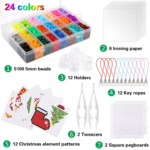 AUGSUN Christmas Fuse Beads Kit - 5100Pcs+ 24 Colors Crafting Melting Beads Set for Kids, 12 Styles Christmas Patterns 2Pcs 5mm Iron Beads Pegboards for DIY Craft Making - Image 2