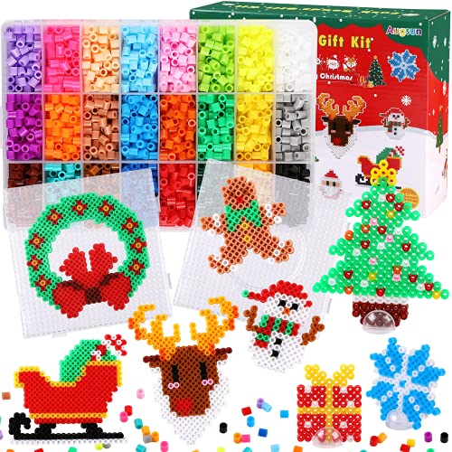 AUGSUN Christmas Fuse Beads Kit - 5100Pcs+ 24 Colors Crafting Melting Beads Set for Kids, 12 Styles Christmas Patterns 2Pcs 5mm Iron Beads Pegboards for DIY Craft Making - Image 1