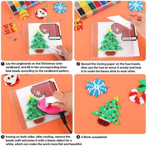 AUGSUN Christmas Fuse Beads Kit - 5100Pcs+ 24 Colors Crafting Melting Beads Set for Kids, 12 Styles Christmas Patterns 2Pcs 5mm Iron Beads Pegboards for DIY Craft Making - Image 3