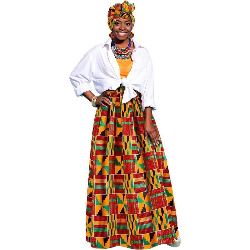 Casual African-print maxi skirt set for women: 3 pcs including stretch skirt with pockets, head wrap scarf, and drop dangle earrings in vibrant colors - Image 2