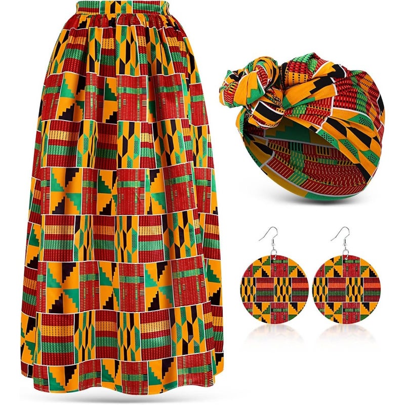 Casual African-print maxi skirt set for women: 3 pcs including stretch skirt with pockets, head wrap scarf, and drop dangle earrings in vibrant colors - Image 1