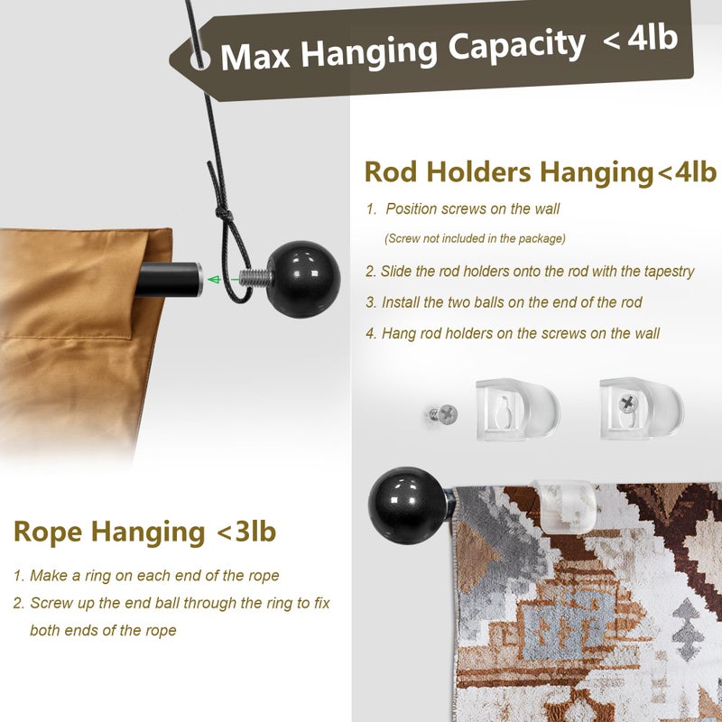 Yandood Tapestry Hanging Telescopic Rod 17-32 inch for Lightweight Aesthetic Tapestries Room Deco Scalable Wall Hanging Bar Banner Hanger Pole (Black/Black) - Image 4