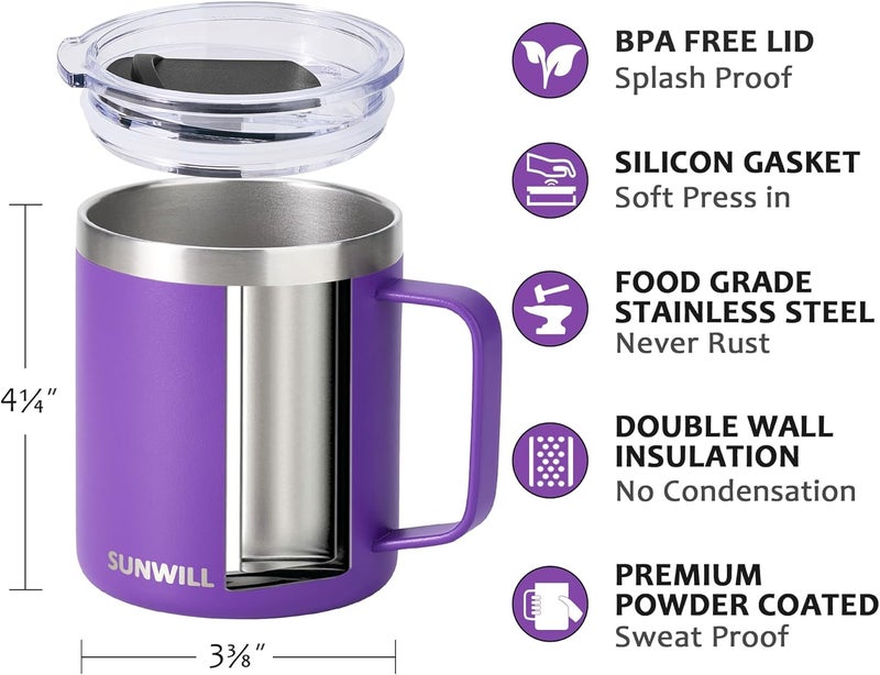 SUNWILL Insulated Coffee Mug with Lid, Travel Tumbler with Handle, 14 oz Stainless Steel Cup for Camping, Office, Home, Powder Coated Purple - Image 2
