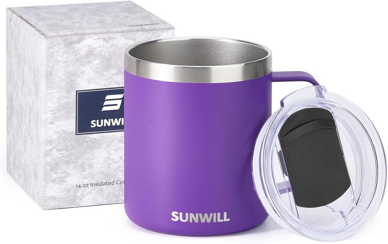 SUNWILL Insulated Coffee Mug with Lid, Travel Tumbler with Handle, 14 oz Stainless Steel Cup for Camping, Office, Home, Powder Coated Purple - Image 5