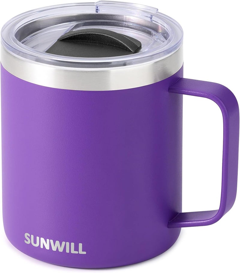 SUNWILL Insulated Coffee Mug with Lid, Travel Tumbler with Handle, 14 oz Stainless Steel Cup for Camping, Office, Home, Powder Coated Purple - Image 1