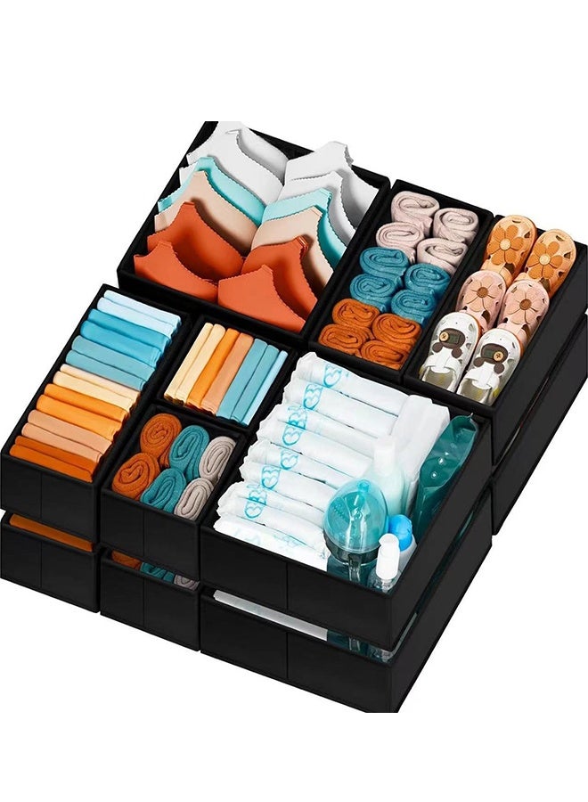 DUNISO 12 قطعة من منظم الأدراج القابل للطي، صناديق تخزين قماشية قابلة للغسل، فواصل أدراج الملابس، سلال تخزين للملابس، الملابس الداخلية، حمالات الصدر، الجوارب (أسود) - Image 3