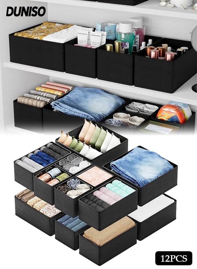 DUNISO 12 قطعة من منظم الأدراج القابل للطي، صناديق تخزين قماشية قابلة للغسل، فواصل أدراج الملابس، سلال تخزين للملابس، الملابس الداخلية، حمالات الصدر، الجوارب (أسود) - Image 1