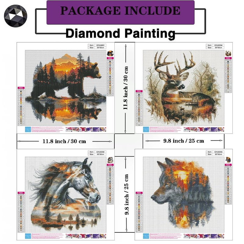 Paintcolor 4 Pack Diamond Art Painting Kits for Adults,5d Forest Animals Full Drill Bear Horse Paint with Diamonds for Beginners Kids Crystal DIY Diamond Dots Wolf Deer Gem Art Crafts Kits(11.8x11.8in) - Image 2
