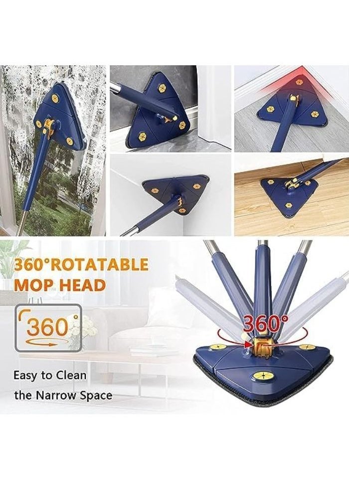 360 Degree Rotating Extendable Cleaning Mop, Manual Triangle Mop Quick Dry Automatic Water Squeezing Mop for Floor, Ceiling, Wall (Blue)
