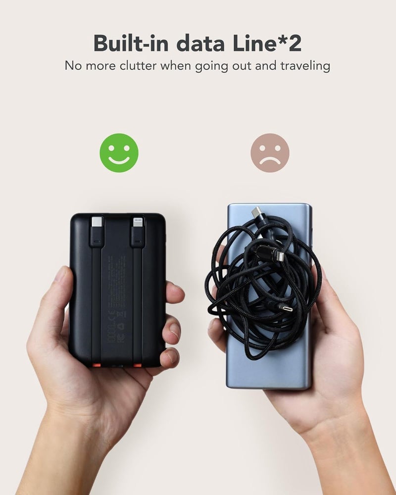VEGER Mini Portable Charger 10000mAh Power Bank with Built in Cables, PD12W Fast Charging Compact USB C Battery Pack with Digital Display Compatible for iPhone, Android Phone - Image 1