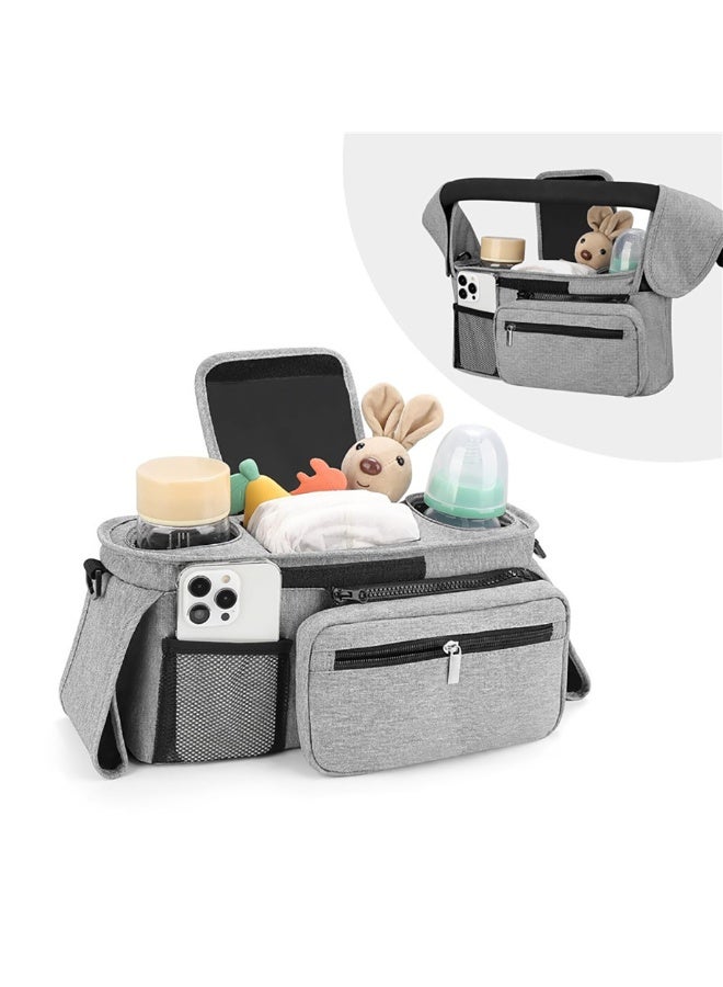 Universal Stroller Bag, Baby Stroller Accessories Storage Organizer with 2 Insulated Cup Holders Detachable Phone Bag & Shoulder Strap for Milk Bottle Diaper Mobile Phone & Snacks (Grey)  - Image 1