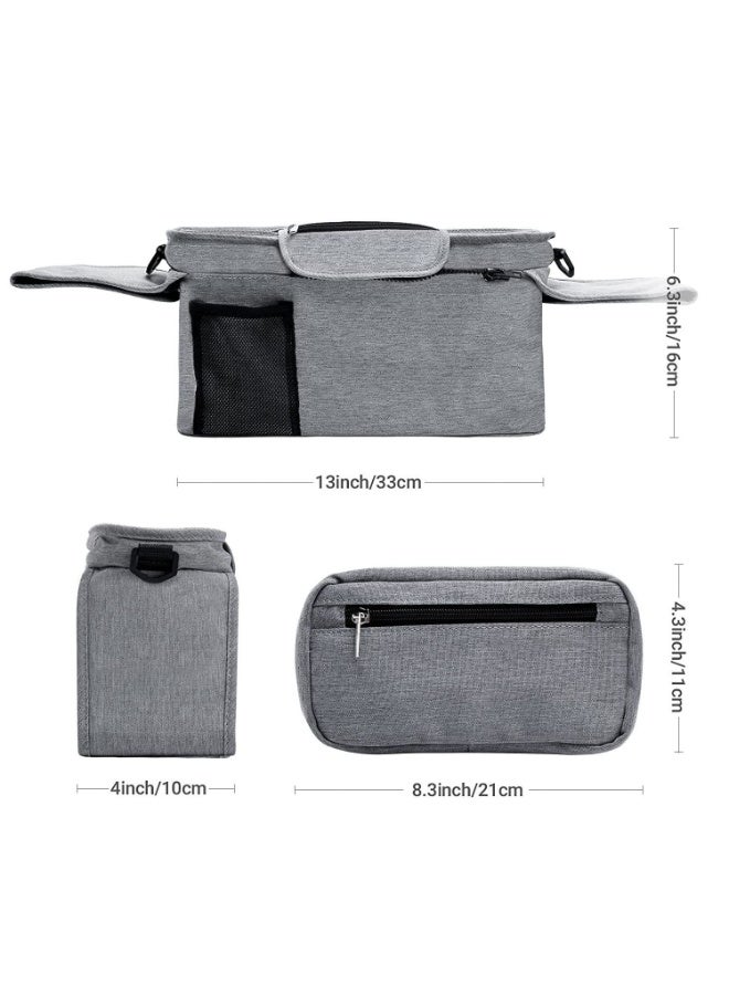 Universal Stroller Bag, Baby Stroller Accessories Storage Organizer with 2 Insulated Cup Holders Detachable Phone Bag & Shoulder Strap for Milk Bottle Diaper Mobile Phone & Snacks (Grey)  - Image 2
