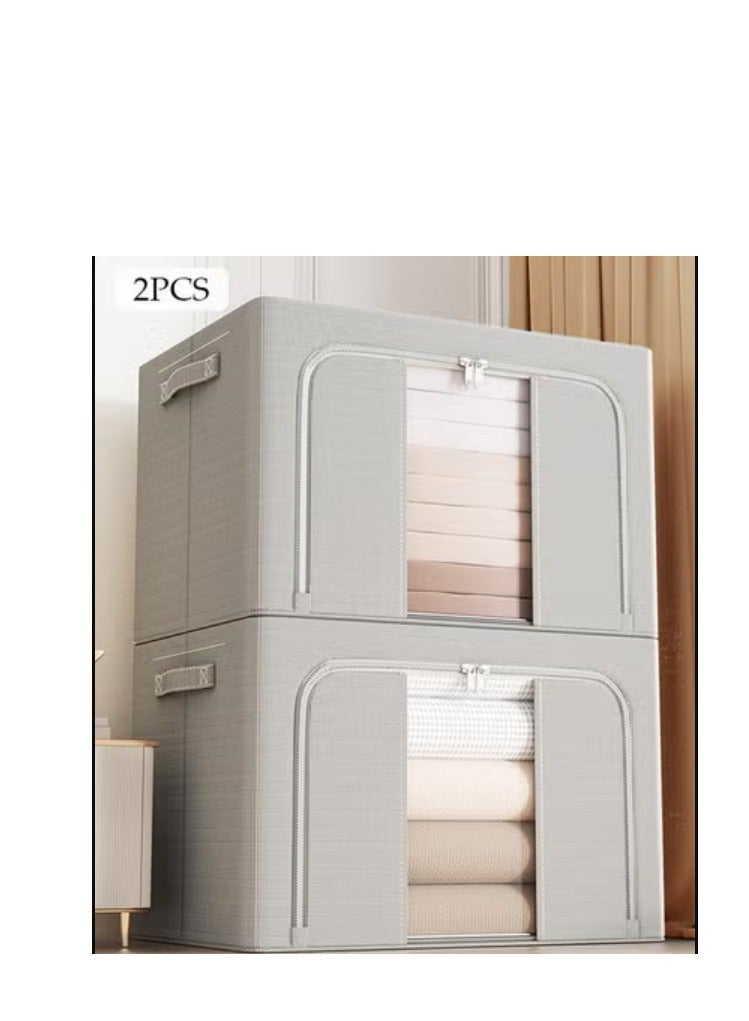 DUNISO 2 Pack Closet Storage Box with Metal Frame, Stackable Flodable Closet Container Organizer with Lids Handle Double & Zippers, Large Capacity Wardrobe Clothes Storage Box with Clear Window for Blanket, Bedding, Clothes, Comforter