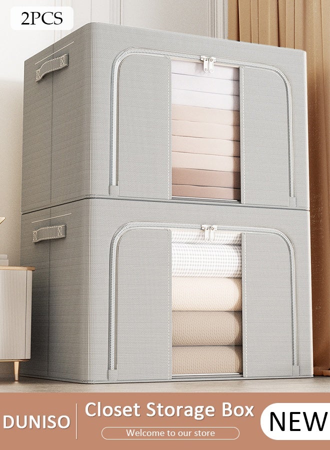 DUNISO 2 Pack Closet Storage Box with Metal Frame, Stackable Flodable Closet Container Organizer with Lids Handle Double & Zippers, Large Capacity Wardrobe Clothes Storage Box with Clear Window for Blanket, Bedding, Clothes, Comforter - Image 1