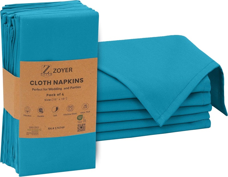 Zoyer Cloth Napkins Set of 4 18x18 Inches Cotton Enrich Napkins Cloth Washable Soft  Durable Dinner Napkins for Parties Wedding Christmas Thanksgiving  Everyday Use  Teal - Image 1