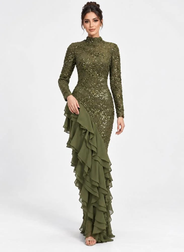 Opera Fashion Olive Stretch Sequin Long Evening Dress