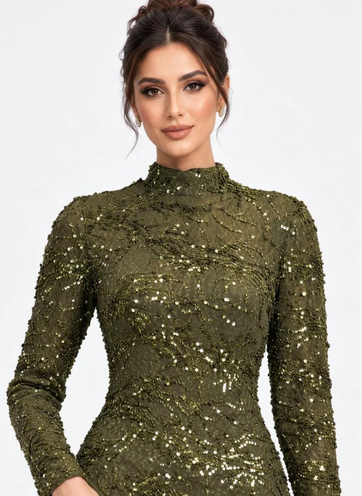 Opera Fashion Olive Stretch Sequin Long Evening Dress