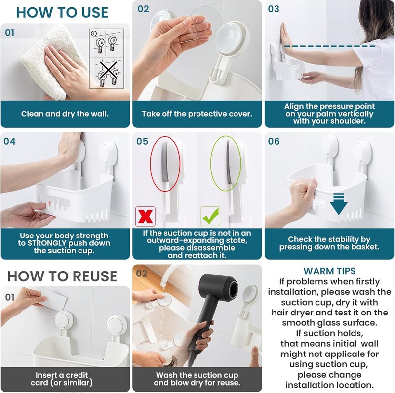 Taili Shower Caddy Suction Cup 2 Pack, Heavy Duty Bathroom Organizer, Removable Shelves for Inside Shower, Shampoo, Waterproof Suction Plastic Storage for Bathroom Accessories Holder, White - Image 5