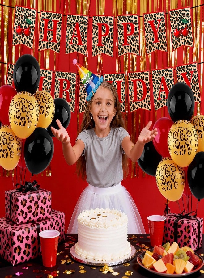 Morofme Cheetah Cherry Birthday Decorations Cheetah Print Balloons Red and Black Leopard Print Balloons Red Leopard Print Happy Birthday Banner Red Black Balloon for Girls Women Party Decorations - Image 3
