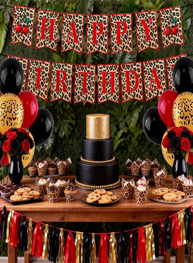 Morofme Cheetah Cherry Birthday Decorations Cheetah Print Balloons Red and Black Leopard Print Balloons Red Leopard Print Happy Birthday Banner Red Black Balloon for Girls Women Party Decorations - Image 4