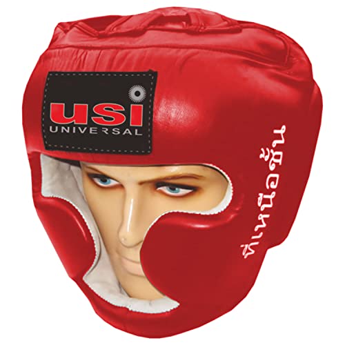 USI UNIVERSAL Boxing Headguard, 8002 Muay Thai Head Guard, Traditional Style with Extra Padding, Top Grain Hide Leather, Hand Crafted Shock Absorbent Padding, Lace Closure(Size L, Red) - Image 1