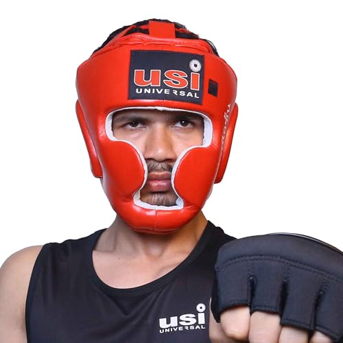 USI UNIVERSAL Boxing Headguard, 8002 Muay Thai Head Guard, Traditional Style with Extra Padding, Top Grain Hide Leather, Hand Crafted Shock Absorbent Padding, Lace Closure(Size L, Red) - Image 2