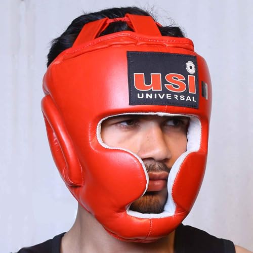 USI UNIVERSAL Boxing Headguard, 8002 Muay Thai Head Guard, Traditional Style with Extra Padding, Top Grain Hide Leather, Hand Crafted Shock Absorbent Padding, Lace Closure(Size L, Red) - Image 4