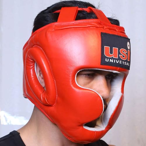 USI UNIVERSAL Boxing Headguard, 8002 Muay Thai Head Guard, Traditional Style with Extra Padding, Top Grain Hide Leather, Hand Crafted Shock Absorbent Padding, Lace Closure(Size L, Red) - Image 3
