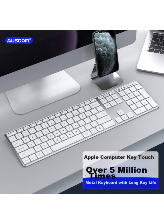 AUSDOM Asdun Wireless Bluetooth Keyboard For Business, Office, Home, Desktop, Laptop, Tablet, Ipad, Mobile Phone, Quiet, Ultra-thin, Metal Scissor Legs, Rechargeable, 110-key, White - Image 1