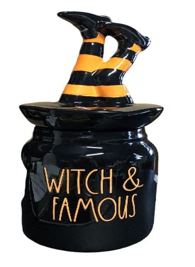 Rae Dunn Black Ceramic Halloween Canister WITCH & FAMOUS with Leg Topper 10" Tall To Topper Top Limited Edition 2022 - Image 1
