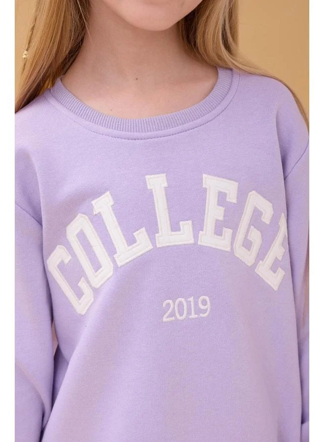 Perendi Girl's Crew Neck Sweatshirt with Embossed Text, 2‑Piece Tracksuit Set, No Sherpa – Lilac.