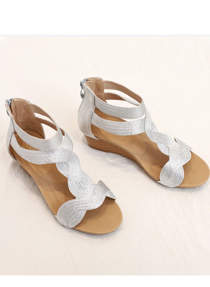 Loquat Ethnic Back Zipper Wedge Heel Sandals 5CM Silver  - Image 3