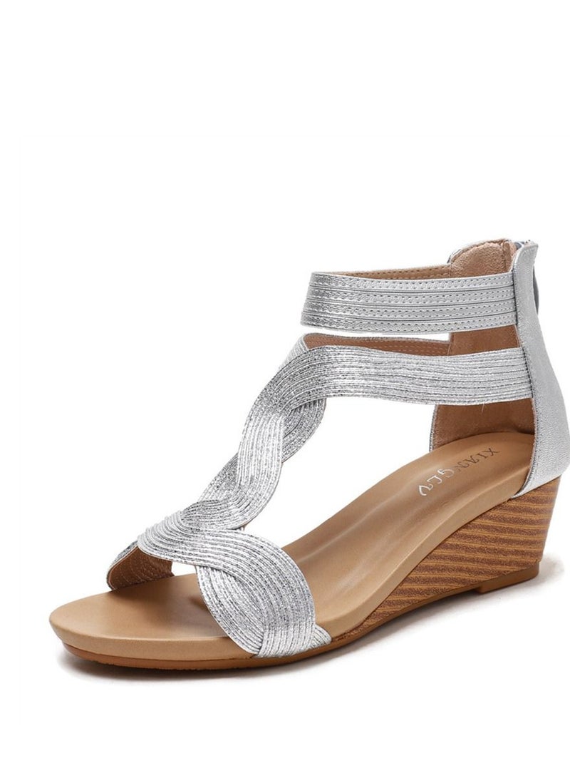 Loquat Ethnic Back Zipper Wedge Heel Sandals 5CM Silver  - Image 1