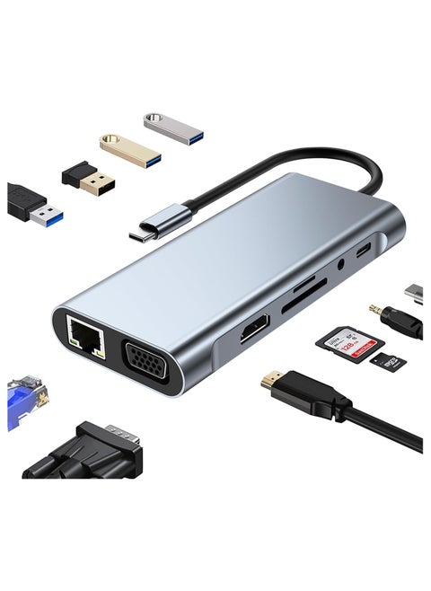 USB C HUB, USB C Adapter 11 in 1 Dongle with 4K HDMI, VGA, Type C PD, USB3.0, RJ45 Ethernet, SD/TF Card Reader, 3.5mm AUX, Docking Station Compatible with MacBook Pro/Air, Other Type C Laptops