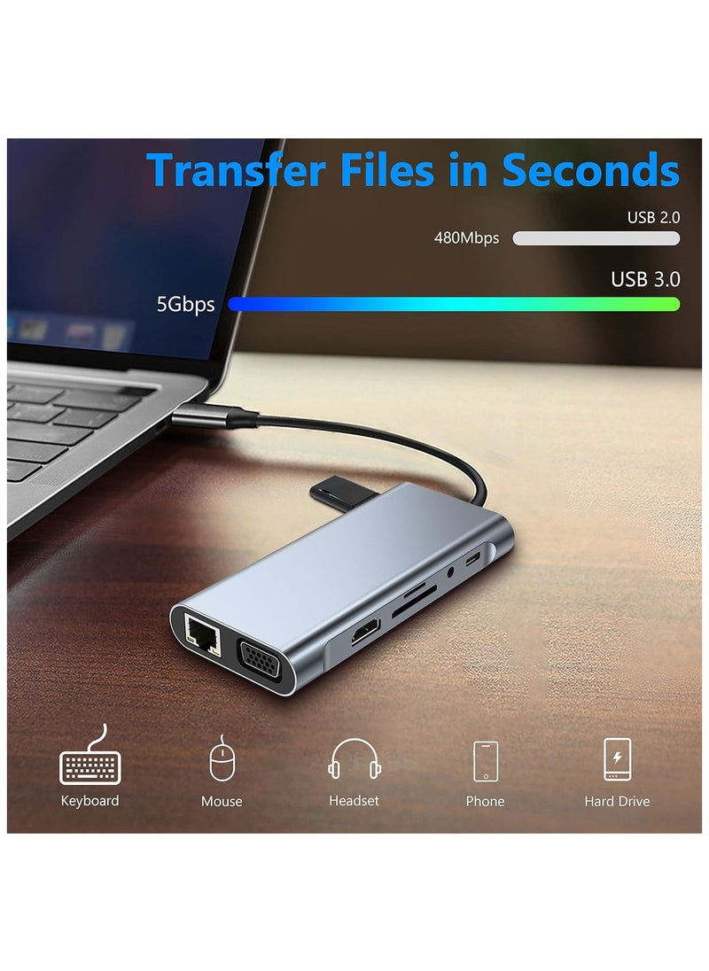 TIKNIA USB C HUB, USB C Adapter 11 in 1 Dongle with 4K HDMI, VGA, Type C PD, USB3.0, RJ45 Ethernet, SD/TF Card Reader, 3.5mm AUX, Docking Station Compatible with MacBook Pro/Air, Other Type C Laptops  - Image 5