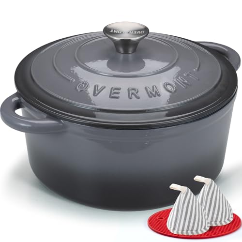 Overmont Enameled Cast Iron Dutch Oven - 4.5QT Pot with Lid Cookbook & Cotton Potholders - Heavy-Duty Cookware for Braising, Stews, Roasting, Bread Baking grey - Image 1
