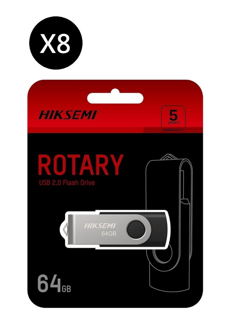 HIKSEMI Bundle Of 8 64GB USB 2.0 Spinning Pen Drive, Silver/Black | HS-USB-M200S 64G |
