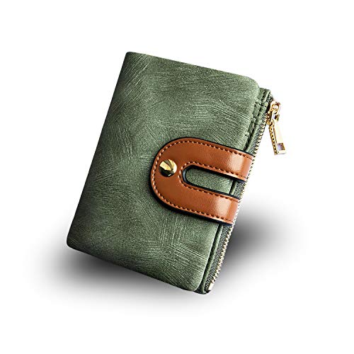 AOXONEL Women's Rfid Small Bifold Leather Wallet Ladies Mini Zipper Coin Purse id card Pocket,Slim Compact Thin (Green) - Image 1