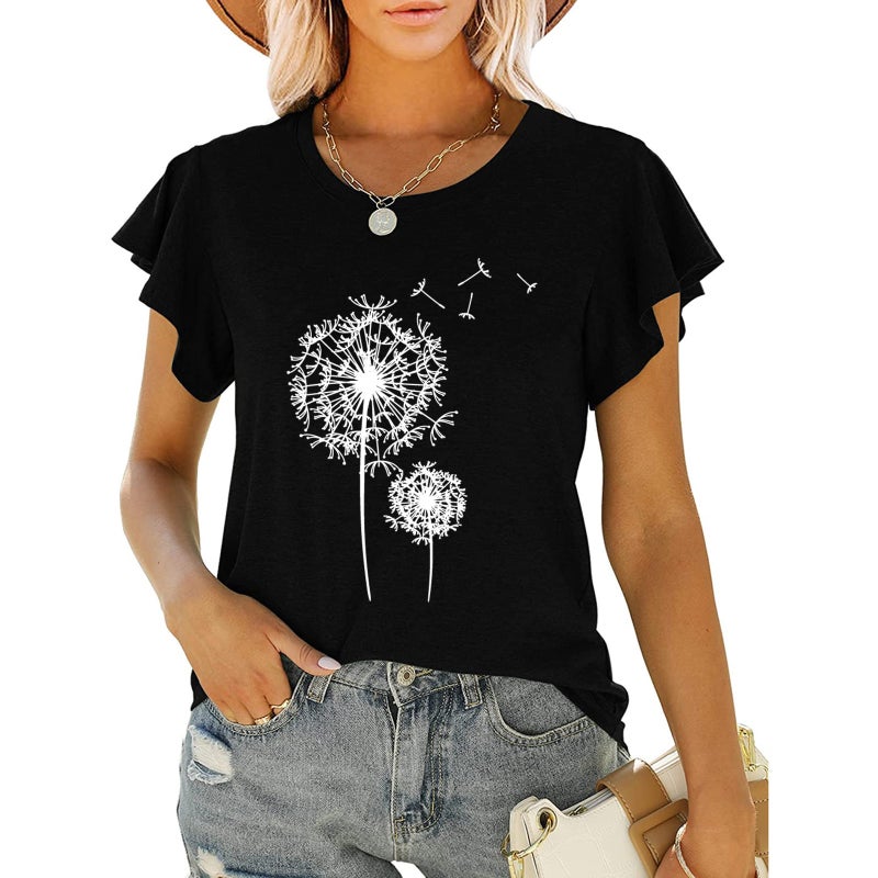 new women's clothing dandelion printed round neck ruffled short sleeve loose top T-shirt - Image 3