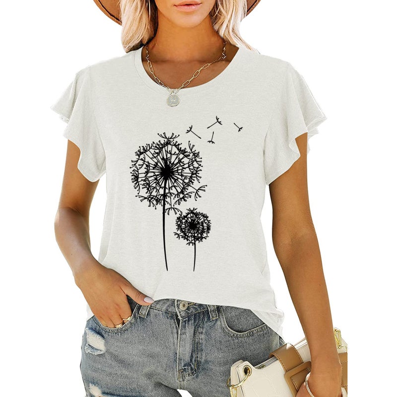 new women's clothing dandelion printed round neck ruffled short sleeve loose top T-shirt - Image 4
