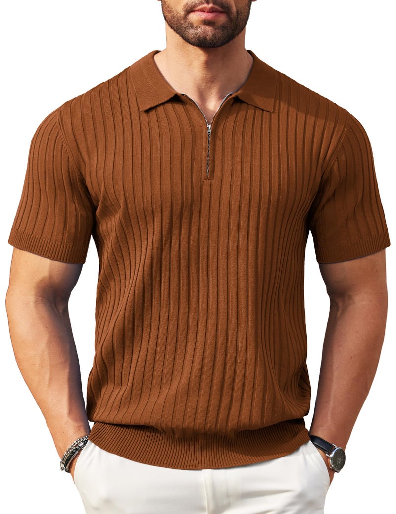 COOFANDY Men's Zipper Polo Shirts Short Sleeve Ribbed Knit Polo T Shirts Fashion Casual Golf Shirts Brown - Image 1