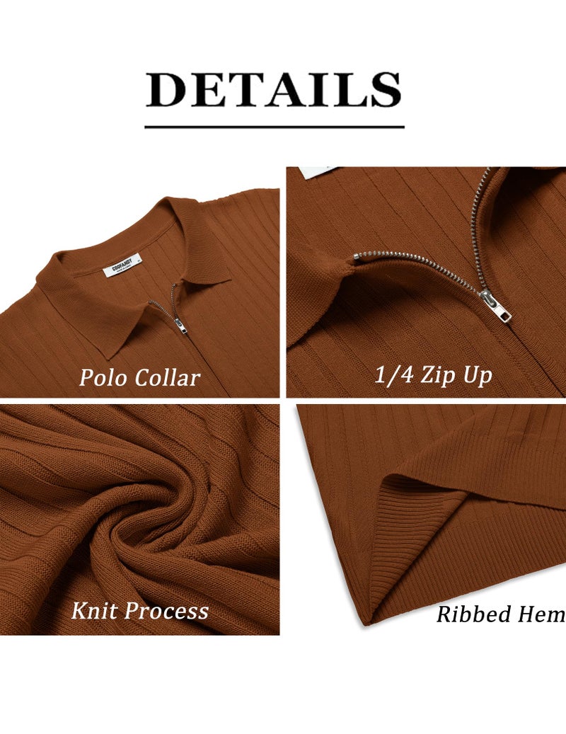 COOFANDY Men's Zipper Polo Shirts Short Sleeve Ribbed Knit Polo T Shirts Fashion Casual Golf Shirts Brown - Image 5
