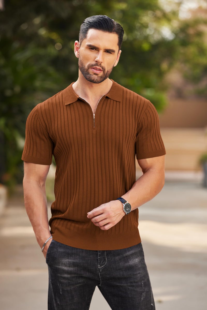 COOFANDY Men's Zipper Polo Shirts Short Sleeve Ribbed Knit Polo T Shirts Fashion Casual Golf Shirts Brown - Image 3
