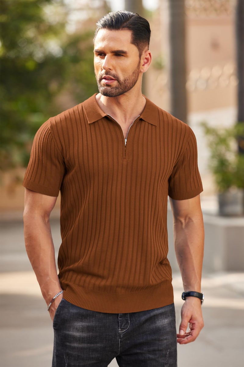 COOFANDY Men's Zipper Polo Shirts Short Sleeve Ribbed Knit Polo T Shirts Fashion Casual Golf Shirts Brown - Image 2