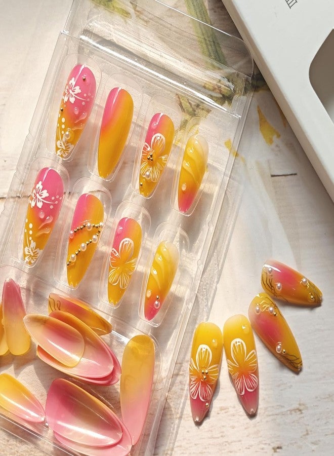 KRTBKR 24Pcs Flower Press on Nails Medium Almond Fake Nails 3D Floral with Gold Pearl Rhinestones Glitter Glossy Design Orange Full Cover Stick on Nails Spring Summer False Nails for Women Acrylic Nails - Image 5